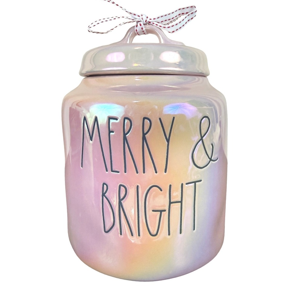 Rae Dunn Pink‎ Iridescent "Merry and Bright" Holiday Christmas Canister 8" Tall